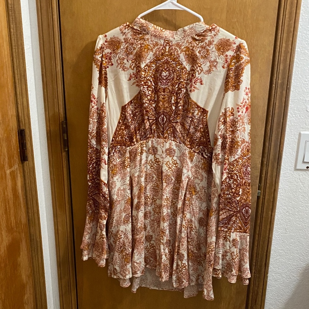 Free People Cream and Rust Paisley Long Sleeve Boho Maxi Dress